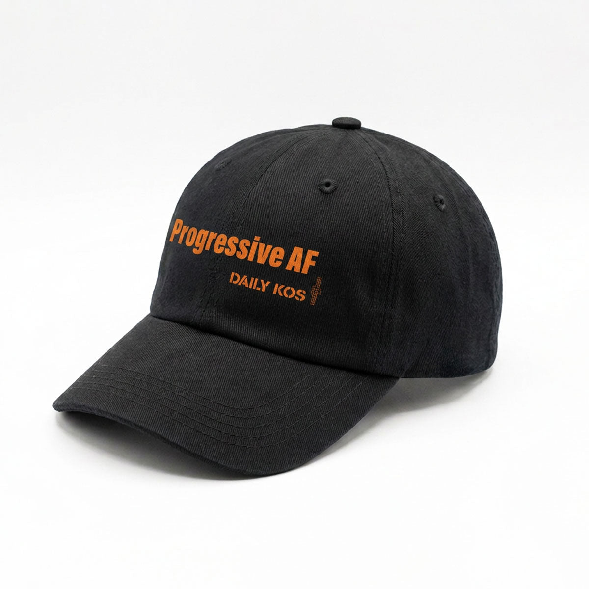 Black cotton baseball cap with curved brim and bright orange "Progressive AF Daily Kicks" embroidered text on front.