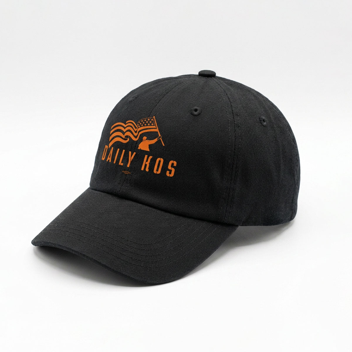 Black baseball cap with orange "DAILY KOS" text and stylized flag logo embroidered on front.