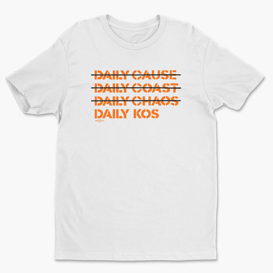 White crew neck tee with orange text featuring four phrases, three crossed out in black lines.