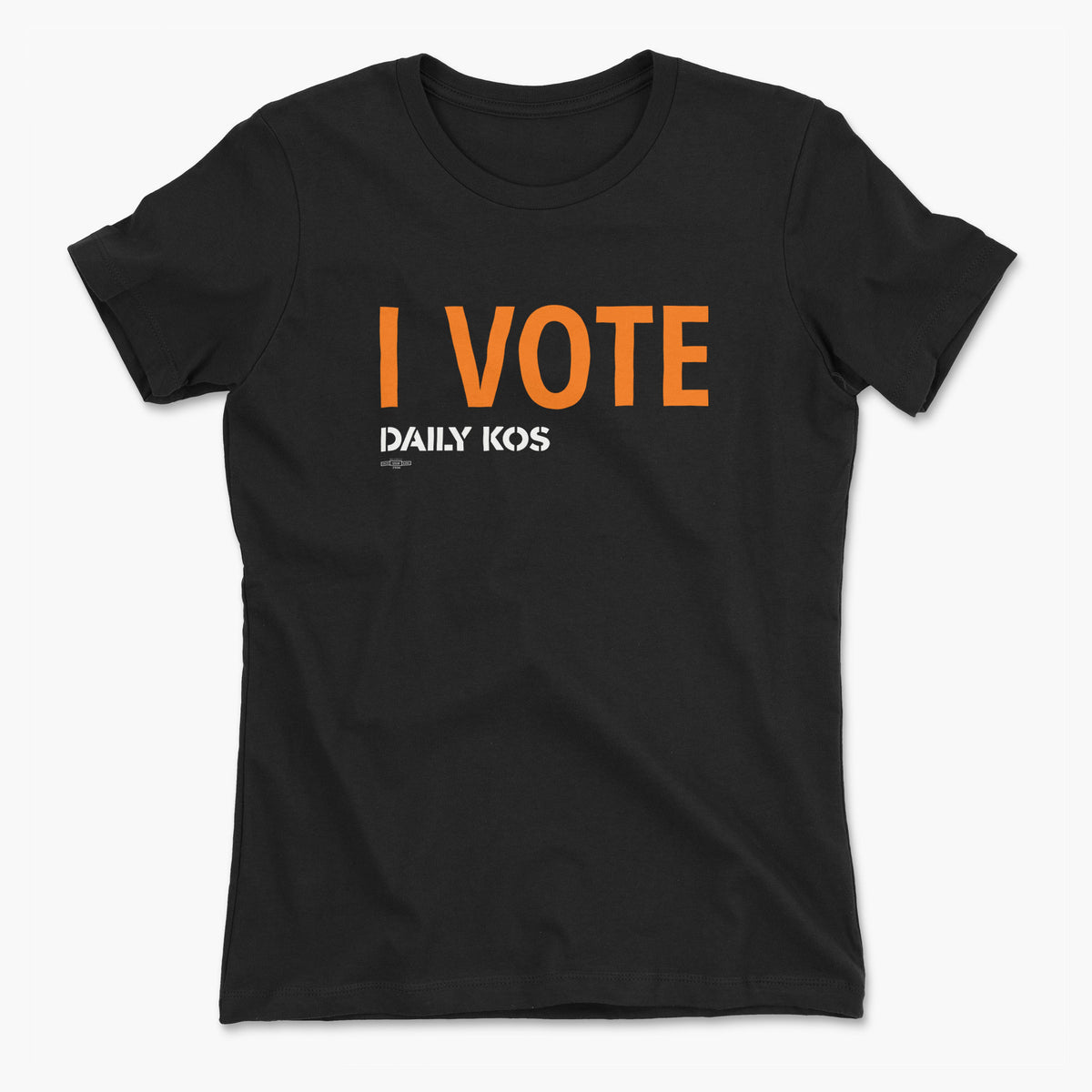 Black T-shirt with bold orange “I VOTE” text and smaller white “DAILY KOS” lettering on the chest.