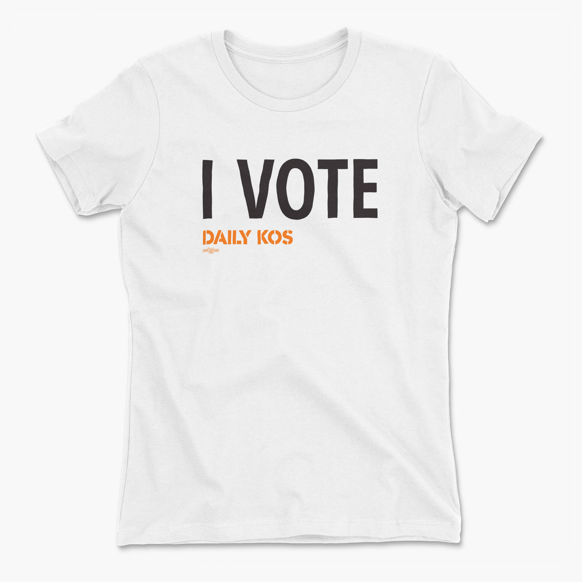White crew-neck T-shirt with bold black “I VOTE” lettering and small orange “DAILY KOS” text.