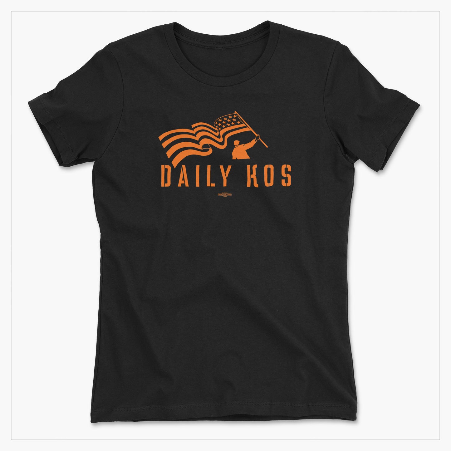Black fitted tee with orange stylized American flag and butterfly above "DAILY KOS" text on front.