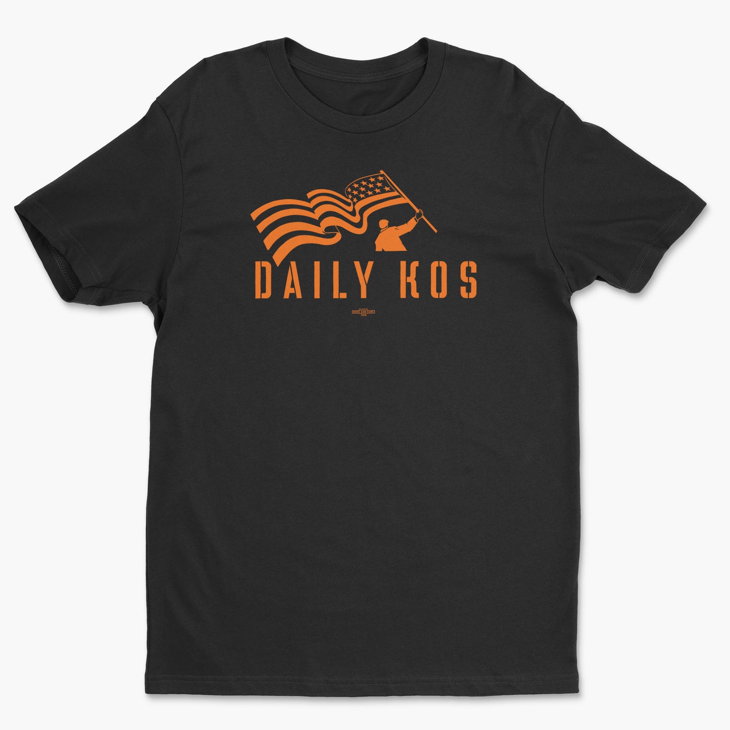 Black crew neck tee with orange stylized wolf and flowing flag graphic above "DAILY KOS" text on front.