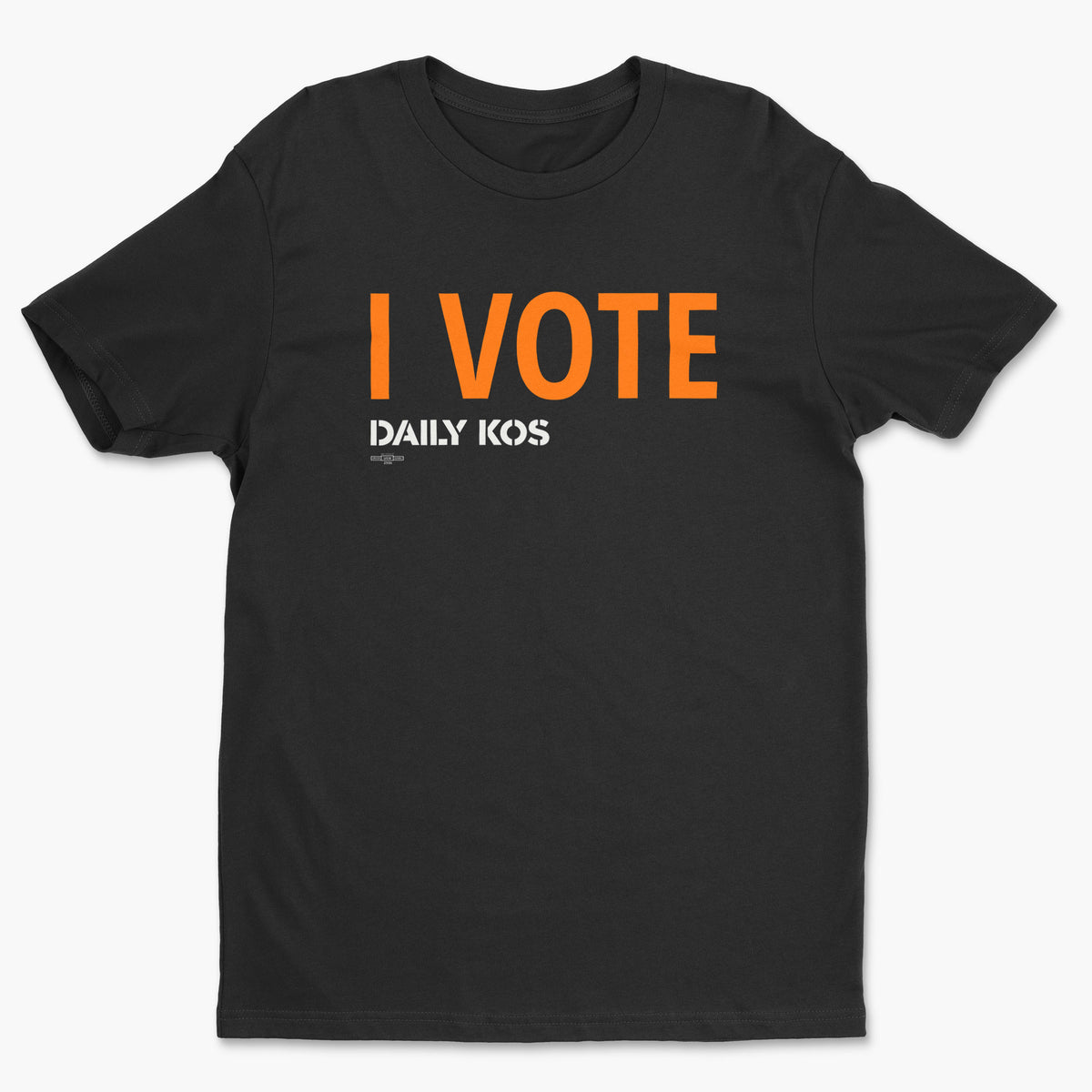 Black T-shirt with bold orange “I VOTE” lettering and smaller white “DAILY KOS” text.